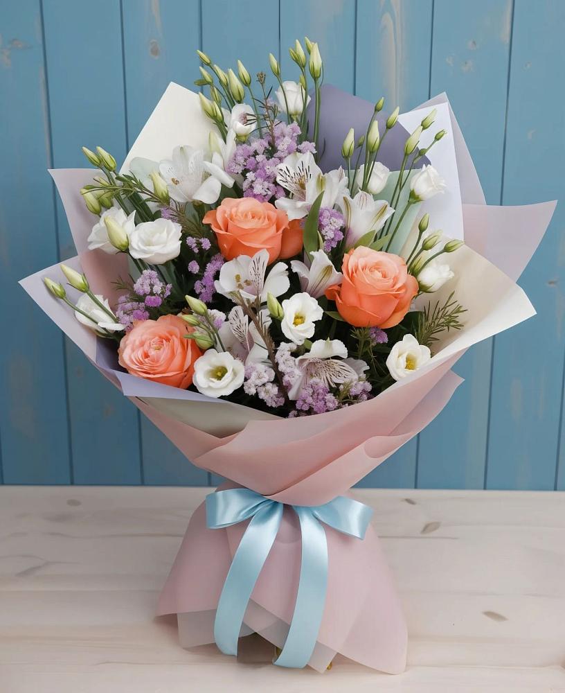Букет цветов из: Лизиантусы, Розы, Альстромерии и Гипсофила в Канглах