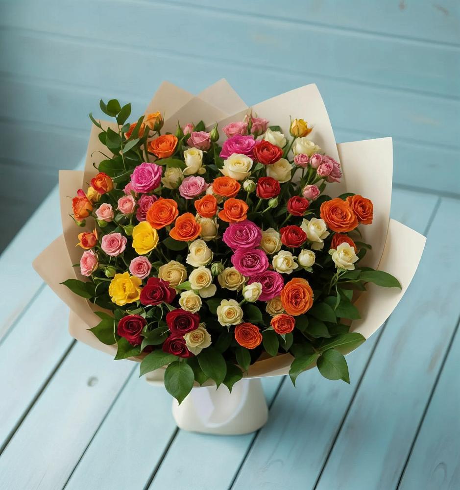 Букет Микс из разноцветных кустовых роз в Канглах